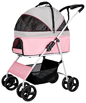 Katzen-/Hundebuggys, Premium-Haustierbuggy für mittelgroße Hunde, Faltbarer Katzenbuggy für 2 Katzen, Hundekinderwagen, Buggys für kleine Hunde, atmungsaktiver Hundebuggy (Grau 1) (Pink)