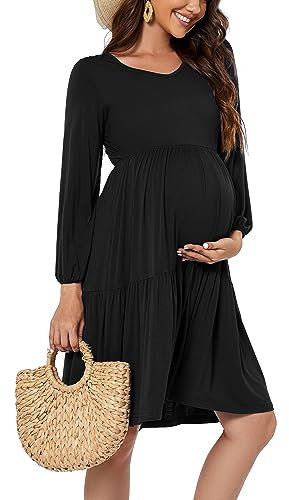 Smallsho Robe Grossesse Manches Longues Femmes Robe Maternité Black L