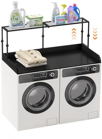 2 Tier Washer Dryer Countertop with 4.13H Edge Rails Laundry Countertop Washer And Dryer Countertop with Storage Rack Edge Rails 21 Adjustable Shelf Laundry Room Organization Universal 27.5 X 54
