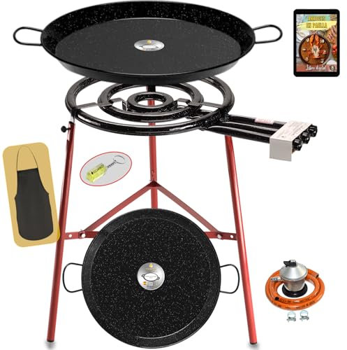 COMBOI Paellero gas butano Kit Profesional, Quemador plano 53 cm, Paelleras Esmaltadas 70 y 42 cm, Regulador,Manguera,Patas Reforzadas,Nivel,Delantal,Libro Recetas Digital(Kit Paellero Pro-E 53 cm)