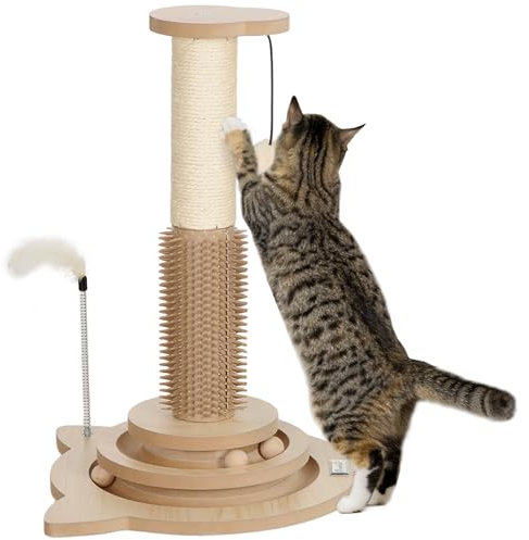 PawHut Poste Rascador para Gatos 49 cm Arañador para Gatos con Poste de Sisal Cepillo Carril Giratorio con Bolas de Juego Pluma Elástica y Bola de Juguete Roble
