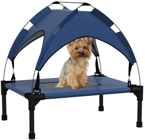 PawHut Erhöhtes Hundebett mit Baldachin, Haustierbett, Outdoor Hundeliege mit Dach, Atmungsaktiv, für Mini- und Kleinhunde Dunkelblau Oxford 61 x 46 x 63 cm