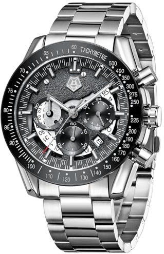 MEGALITH Uhren Herren Chronograph Armbanduhr: Kleid Herren Uhr Analog Groß Ziffernblatt - Edelstahl Männer Uhr Wasserdicht Quarz mit Kalender Business Silber