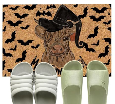 Pruojhw Halloween-Fußmatte, Eingangsmatte, Türmatte, Bedruckt, Kuh, Fledermaus, Halloween-Fußmatte, dick, rutschfest, saugfähig, für Badezimmer