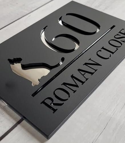 Personalized Outdoor House Numbers Plate Cat House Sign Customized 3D Door Sign Modern Acrylic House Number Plaque Laser Cut Home Number Gift (Black Silver,30x18cm)
