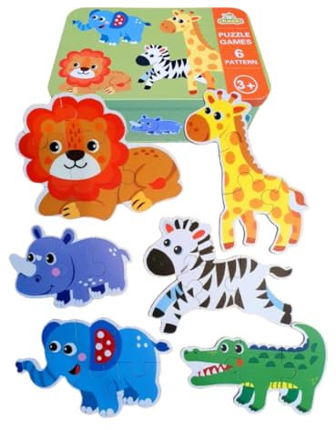 Safari Animals Jigsaw Puzzle Set for Kids - 6-in-1 Educational Toy with Chunky Pieces in Tin Box - Boosts Hand-Eye Coordination, Focus, & Spatial Awareness - Fun & Engaging Puzzle for Kids