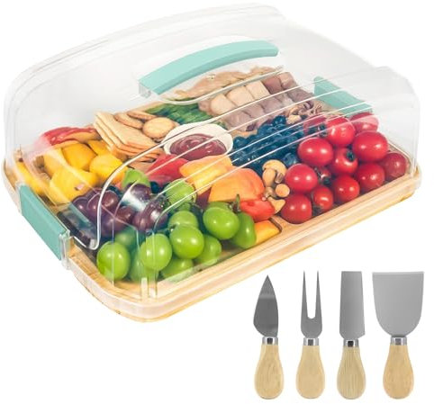 Käsebrett mit 4 Utensilien Set, Portable Charcuterie Board mit Deckel Griff für Fleisch Snack Reisen, Bambus Käsebrett Geschenk-Set für Partys Gäste Picknicks, Schneidebretter für Küche