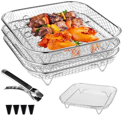 Étagère pour Friteuse a Air, Grille Air Fryer, Air Fryer Racks, a 3 Couches avec 4 Pieds En Silicone, pour Air Fryer, Four, Press Cooker, Accessoires Carrés