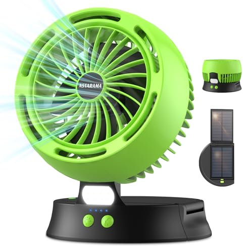 Ventilador Solar,Ventilador de Camping con Panel Solar,4 Velocidades Ventilador Recargable Portatil,7800mAh Mini Ventilador de Mesa Ventilador USB Silencioso con Luz LED para Exterior (Verde)
