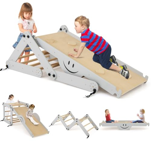 COSTWAY 5 en 1 Échelle d'escalade Montessori Enfant avec Rampe Double Face & Réglable, Triangle d'escalade Pliable en Bois avec Toboggan & Bascule, Intérieur, Charge 60kg pour Enfant de 3 Ans+