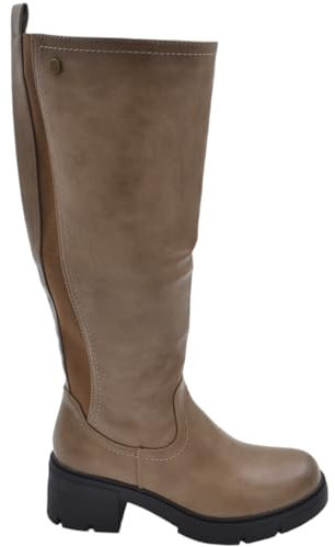 Stivali Alti in Pelle Taupe con Tacco Basso in Gomma 4cm e Plateau 2cm al Ginocchio Elastico Calzata Comoda Curvy Zip (38 EU)