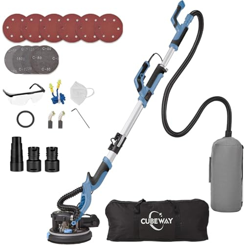 Ponceuse Girafe 750W Professionnelle avec Système de Vide Automatique et Lumière LED, Ponceuse Murale et Plafond Télescopique, Diamètre 215 mm, 7 Vitesses 900-1800 tr/min (bleu)