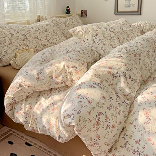 Covebett Housse de Couette 220x240 Fleur Beige Marron Motif Fleurie Floral Parure de lit Adulte 2 Personnes Feuilles en Microfibre Linge de lit avec Fermeture Éclair et 2 Taie d'oreiller 65x65cm