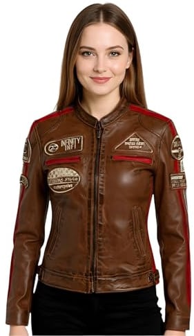 Women’s Leather Biker Jacket – Casual Racing Style with Moto Badges, Nappa Leather & Contrasting Stripes