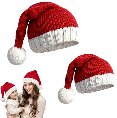 KBIBCK Weihnachtsmütze Baby und Mutter, 2 PCS Nikolausmütze, Familie Passende Weihnachtsmütze, Dicker Eltern-Kind Pom Beanie Mütze Winterwärmer Santaa Mützen Strick Rot für Erwachsene Kinder
