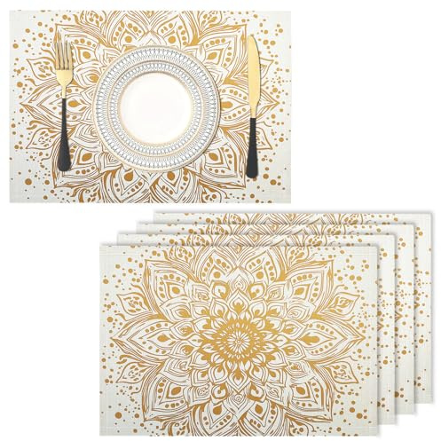 Mandala Blumen Platzsets Abwaschbar 4er Set Platzsets, 45x30cm Tischsets Aus Leinen, Placemat Mit Vintage-Eleganz, Tischsets Abwaschbar Für Esszimmer Küche Partys Tischdekoration, Gold