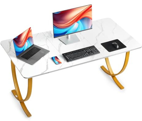 VEVOR Bureau de Direction 160 x 80 cm, Grande Table d'ordinateur Moderne, Table d'étude en Acier Q195 et Panneaux de Particules, Charge 158 kg, Poste de Travail pour Bureau à Domicile, Blanc et Or