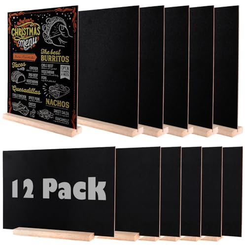 CYEER 12 Stück Kreidetafel Aufsteller (ca. 15x22 cm / A5), Doppelseitige Tafel zum Beschriften mit Holzfuß, Tischaufsteller für Buffet, Hochzeit, Preisschilder & Party Deko
