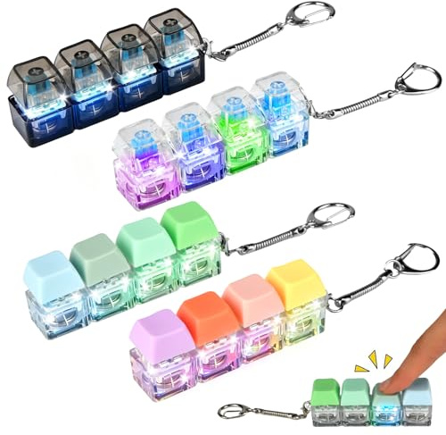 4PCS Keyboard Fidget Toys, Fidget Keyring Button Keyboard, Stress Relief Toys with LED light, Portable Finger Decompression Keyring for Office School (Multicolor)