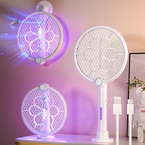 XUNIVERS Raqueta Mosquitos Eléctrica, Matamoscas Electrico Recargable 4000V con USB Base, Antimosquitos Eléctrica con Luz Ultravioleta para Matar Mosquitos, Batería de 1500mAh Blanco