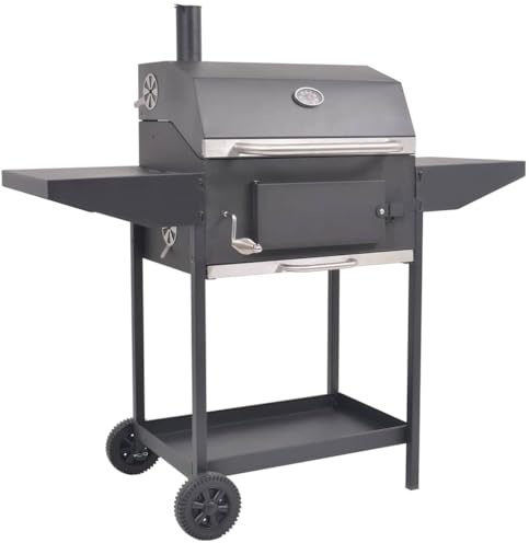 Heavy Duty Charcoal Smoker with Bottom Shelf and Side Tables, Black, 2 Wheels for Easy Mobility, Integrated Thermometer, Excellent Heat Retention and Distribution