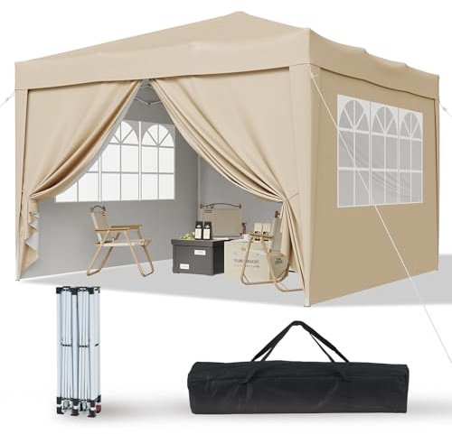 Aoxun Pop Up Pavillon 3x3 Wasserdicht mit 4 Seitenwänden, Metallrahmen-Schutzzelt, Höhe Verstellbar, 3mx3m Faltpavillon mit Tragetasche für Camping Party,Beige