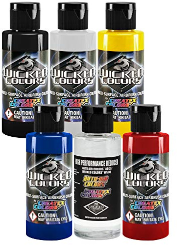 6 Createx Wicked Colors Primary Airbrush Paint Set 2 Oz Bottle