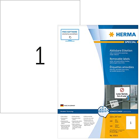 HERMA 10315 Universal Etiketten ablösbar, 100 Blatt, 210 x 297 mm, 1 pro A4 Bogen, 100 Stück, selbstklebend, bedruckbar, matt, blanko Papier Klebeetiketten Aufkleber, weiß