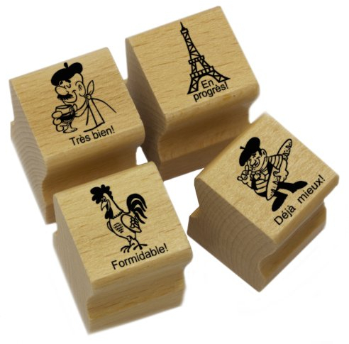 Elbi Stempelset: 4 x Französischstempel (Tres bien!, En progres!, Formidable!, Deja mieux!) Lehrerstempel aus Holz - K6