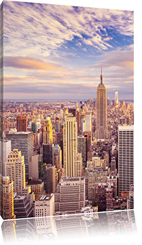 Pixxprint Skyline von New York bei Sonnenuntergang, Größe: 100x70cm, Leinwandbild, fertig gespannt, Wandbild, Dekoration, Kunstdruck, kein Poster