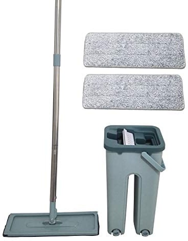 Aqua Laser - Easy Flat Mop, secchio autopulente a doppio scomparto con scopa girevole e 2 salviette in microfibra