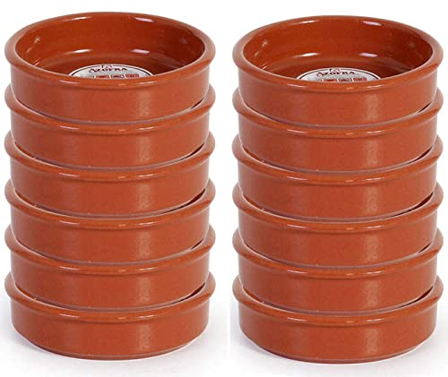 Pack de 12 Cazuelas redondas de barro, diámetro exterior 11.3 cm, diámetro interior 9.7 cm, apta para vitro y horno