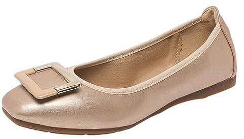 ANUFER Women's Soft Ballet Flats Square Toe Slip-On Walking Shoes Gold DX2830 UK6.5