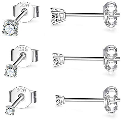 CERSLIMO 3 Pairs Sterling Silver Stud Earrings for Women Men Girls 2mm Tiny Round Cubic Zirconia Stud Earrings Pearl Earrings Ball Earrings Set Cartilage Small Tragus Earrings for Sensitive Ears