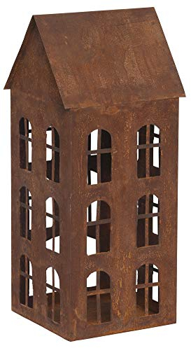 ETC dekorative Garten-Laterne Tisch-Laterne Garten-Windlicht aus Metall edelrostig in Haus-Form