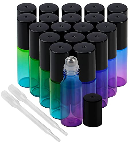 BELLE VOUS Lot de 20 Bouteille Roll On en Verre avec Pipette - Flacon Huile Essentielle Vide 5ml Bleu/Vert avec Bille en Acier Inoxydable et Couvercle Noir - Pour Aromathérapie, Parfum