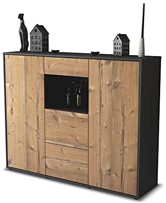 Stil.Zeit Highboard Kommode Rachelle, Korpus anthrazit matt, Front Holz-Design Pinie (136x108x35cm), Push-to-Open Technik & Leichtlaufschienen