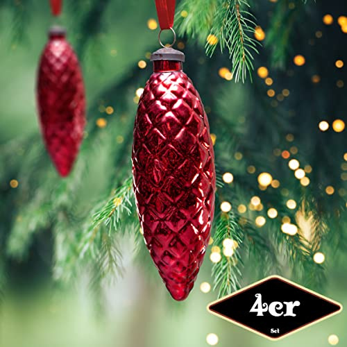 Antikas - Christbaumkugelset in Zapfen-Form, 4er Set | Glas, Rot, Struktur | H22,0xB7,5cm