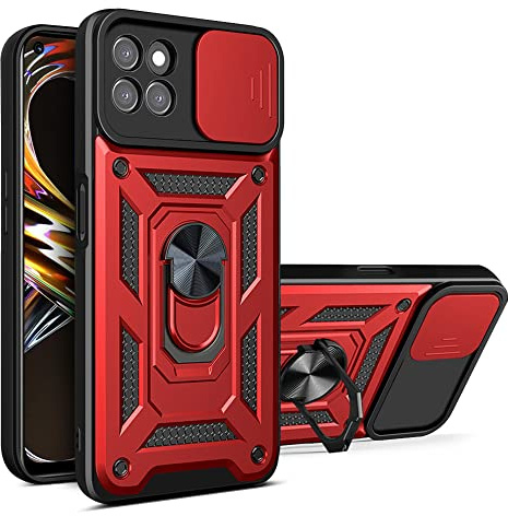 ESTH® Hülle für Realme 8i mit Slide Camera Cover [Kameraschutz] [Ring Ständer] [Case Kompatibel Mit Magnetischer Autohalterung] Stoßfeste Handyhülle, Rot