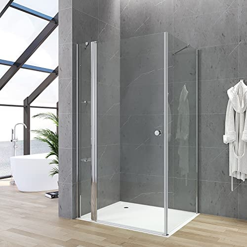 Duschkabine Eckeinstieg 120x90 x 187 cm Duschabtrennung Duschwand Glas Eck Dusche Duschtür an Festteil mit festem Seitenteil Eckdusche rahmenlos Drehtür Schwingtür Pendeltür Eckregale Eckablage