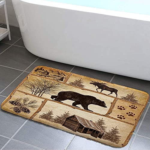 Rustikaler Hüttenbadteppich, Bauernhaus, Landhaus, antiker Bär, Elchwald, Vintage-Holzdekoration, rutschfeste Badematten, Jagd, Camping, Badteppich-Set für Badezimmer, Innenbereich, 43.2x73.3 cm