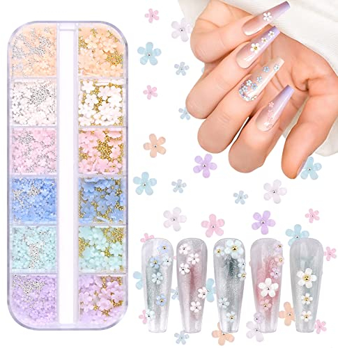 EBANKU 12 Boxes Acrylic Light Change Colorful Cherry Blossom Flower Nail Decorations for Spring Nail Art Supplies for Women Girls