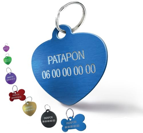 Hundemarke & Katzenmarke graviert personalisiert – Aluminium-Anhänger mit Gravur – Beidseitig gravierbar 2 Zeilen mit Name & Telefonnummer (Kleines Herz-25 mm, Blau)