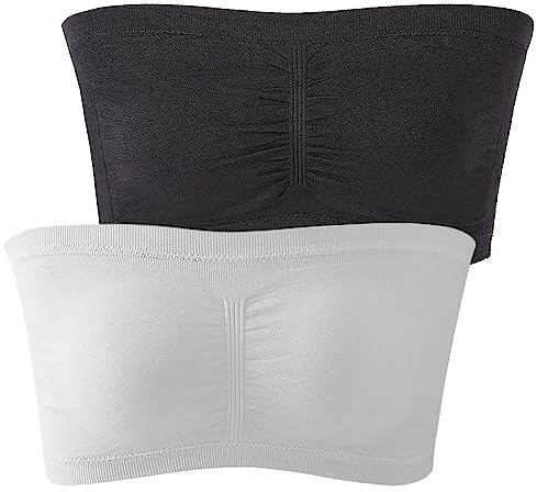 FULIER Womens Bandeau Bra Padded Strapless Bralette Bra Seamless Bandeau Crop Tube Top Daily Bras 2 Packs Black, White