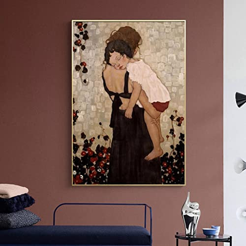 Leinwandbild Mutter und Kind von Gustav Klimt Gemälde Abstrakt Wandkunst Leinwandbild für Wohnzimmer Deko XXL 29,7x42cm Rahmenlos