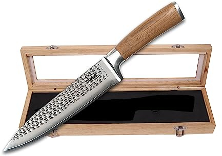 STONELINE Hammerschlag Damastmesser Kochmesser extrem scharfe 20 cm Klinge aus 67 Lagen, Damast Profi Kochmesser mit Hammerschlag & Nussbaumgriff
