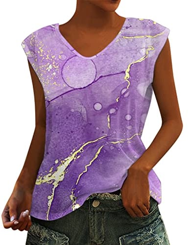 Frauen Cap Sleeve Tanktops Sommer V-Ausschnitt Lässige Loose Fit Plain Shirts Basic Bluse Küstenluder Damen Lange Ärmel (M2022D-Purple, L)