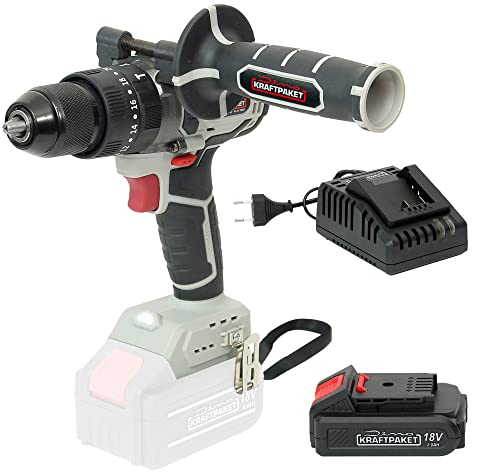 Dino KRAFTPAKET 18V-75Nm Bürstenloser Akku-Schlagbohrschrauber Bohrschrauber Akkuschrauber (Set mit 2Ah Akku, Ladegerät) 13mm Stahl-Schnellspannbohrfutter, 20+3 Stufen 2-Gang, LED, Motor bürstenlos