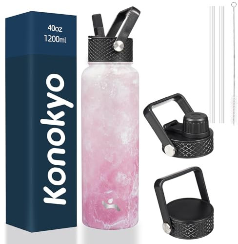 Konokyo Botella de agua aislada con popote, 40 onzas, 3 tapas, botellas de metal, frasco de agua de acero inoxidable, flor de mármol