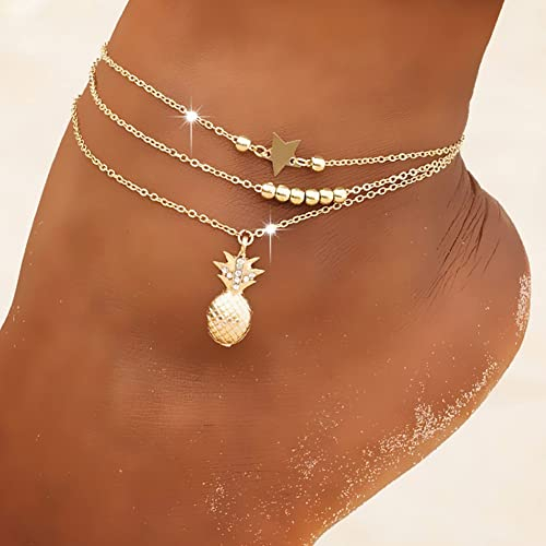 Clataly soleil lune bracelet cheville multicouche ananas amour tortue cheville perles d'été accessoire plage pied femme fille bijoux (Chaîne de pied ananas doré)